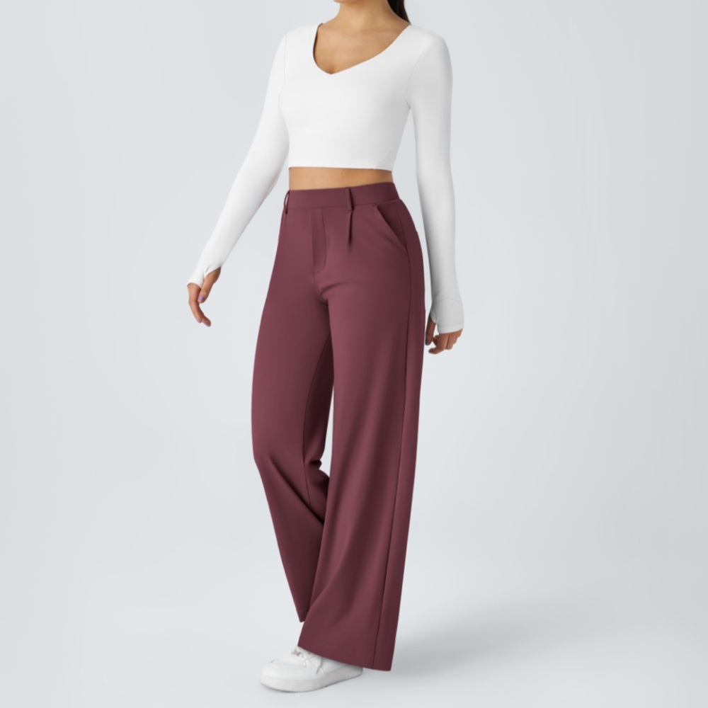 Halara High Waisted Side Pocket Straight Leg Work Pants - Red Mahogany - M